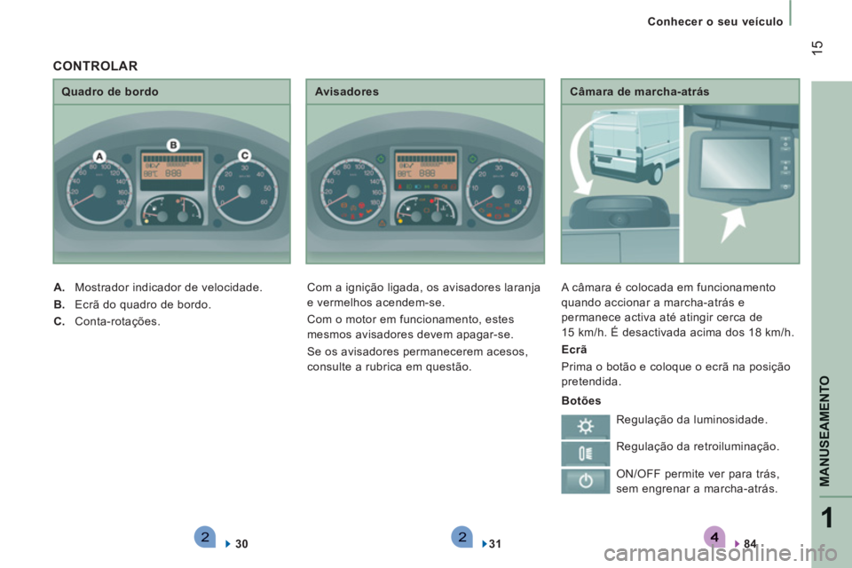 CITROEN JUMPER 2014  Manual do condutor (in Portuguese) 221
MANUSEAMENT
O
15
   
 
Conhecer o seu veículo
   
Câmara de marcha-atrás 
  A câmara é colocada em funcionamento 
quando accionar a marcha-atrás e 
permanece activa até atingir cerca de 
15