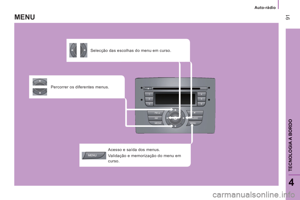 CITROEN JUMPER 2014  Manual do condutor (in Portuguese)    
 
Auto-rádio
91
4
TECNOLOGIA A BORDO
 
 
Acesso e saída dos menus. 
  Validação e memorização do menu em 
curso.  
     
Percorrer os diferentes menus.      
 
Selecção das escolhas do men