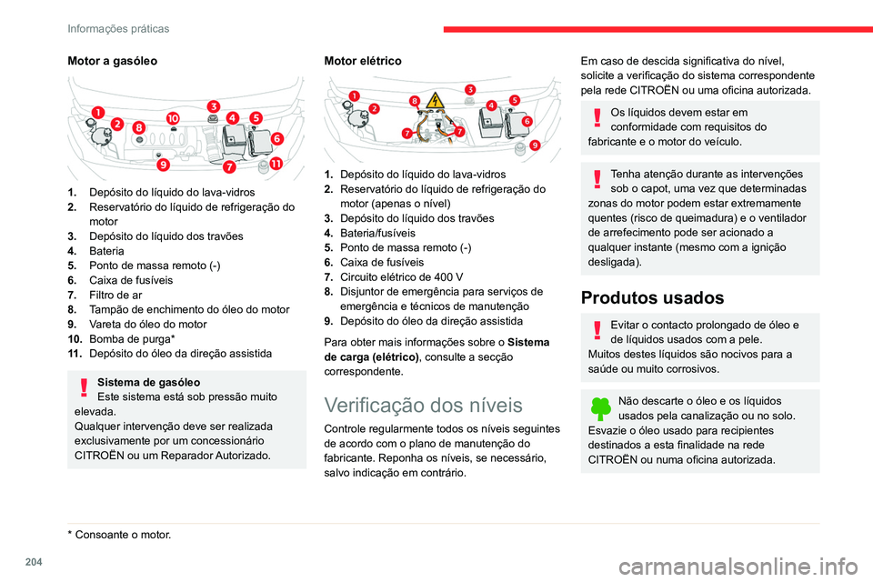 CITROEN JUMPER SPACETOURER 2021 Manual do condutor (in Portuguese) 204
Informações práticas
Óleo do motor
Depois de desligar o motor durante pelo
menos 30 minutos e ser colocado ao
nível do solo, o nível é verificado com o
indicador do nível de óleo no qu CITROEN JUMPER SPACETOURER 2021 Manual do condutor (in Portuguese) 204
Informações práticas
Óleo do motor
Depois de desligar o motor durante pelo
menos 30 minutos e ser colocado ao
nível do solo, o nível é verificado com o
indicador do nível de óleo no qu