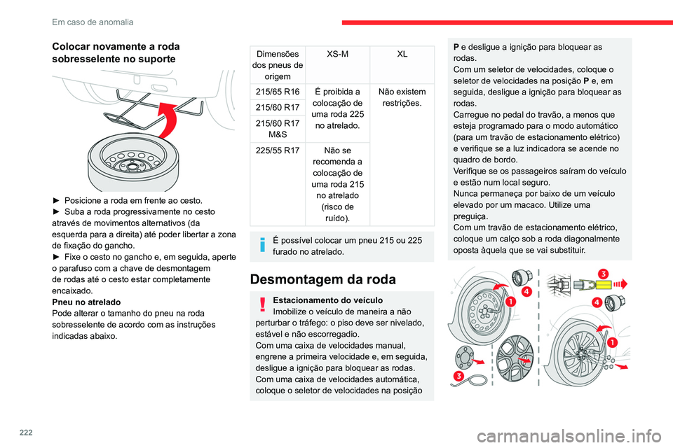CITROEN JUMPER SPACETOURER 2021 Manual do condutor (in Portuguese) 222
Em caso de anomalia
Colocar novamente a roda
sobresselente no suporte
► Posicione a roda em frente ao cesto.
► Suba a roda progressivamente no cesto
através de movimentos alternativos CITROEN JUMPER SPACETOURER 2021 Manual do condutor (in Portuguese) 222
Em caso de anomalia
Colocar novamente a roda
sobresselente no suporte
► Posicione a roda em frente ao cesto.
► Suba a roda progressivamente no cesto
através de movimentos alternativos