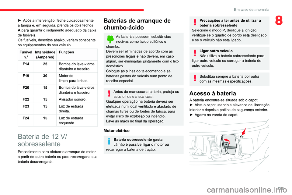 CITROEN JUMPER SPACETOURER 2021  Manual do condutor (in Portuguese) 233
Em caso de anomalia
8► Após a intervenção, feche cuidadosamente 
a tampa e, em seguida, prenda os dois fechos 
A
  para garantir o isolamento adequado da caixa 
de fusíveis.
Os fusíveis, de