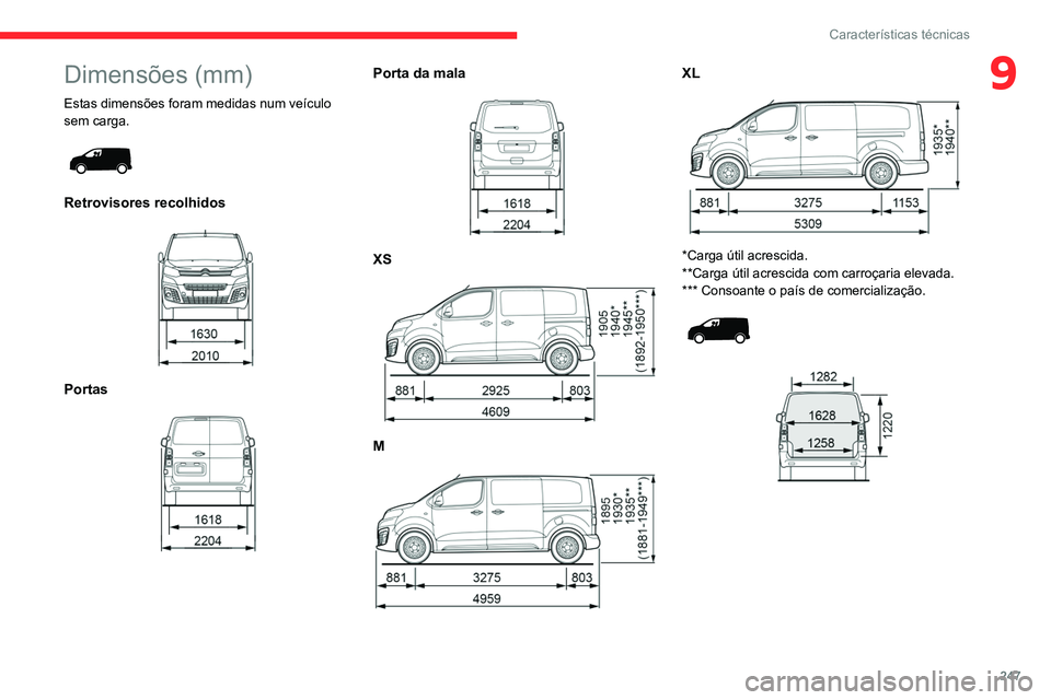 CITROEN JUMPER SPACETOURER 2021  Manual do condutor (in Portuguese) 247
Características técnicas
9Dimensões (mm)
Estas dimensões foram medidas num veículo 
sem carga.
 
 
Retrovisores recolhidos 
 
Portas 
 
Porta da mala 
 
XS 
 
M 
 
XL 
 
*Carga útil acrescid
