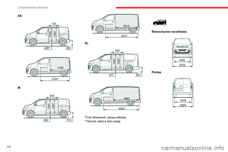 CITROEN JUMPER SPACETOURER 2021  Manual do condutor (in Portuguese) 248
Características técnicas
XS 
 
 
 
M 
 
 
 
XL 
 
 
 
*Com Moduwork, tampa retirada.
**Veículo vazio e sem carga.
 
 
Retrovisores recolhidos 
 
Portas 
   