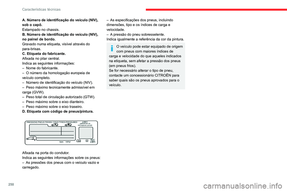 CITROEN JUMPER SPACETOURER 2021  Manual do condutor (in Portuguese) 250
Características técnicas
A. Número de identificação do veículo (NIV), 
sob o capô.
Estampado no chassis.
B. Número de identificação do veículo (NIV), 
no painel de bordo.
Gravado numa e