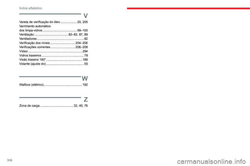 CITROEN JUMPER SPACETOURER 2021  Manual do condutor (in Portuguese) 310
Índice alfabético
V
Vareta de verificação do óleo     20, 205
Varrimento automático  
dos limpa-vidros
    
99–100
Ventilação
    
82–83, 87, 89
Ventiladores
    
82
Verificação dos 