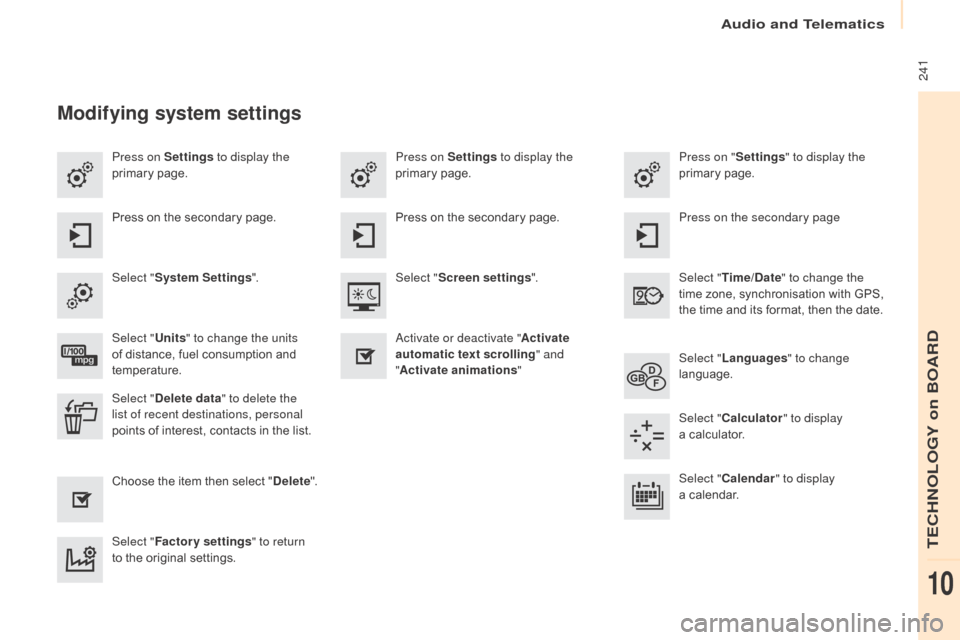 Citroen BERLINGO MULTISPACE RHD 2015.5 2.G Owners Manual Audio and Telematics
 241
Berlingo-2-VP_en_Chap10a_SMEGplus_ed02-2015
Press on Settings to display the 
primary pag e. Press on "
Settings" to display the 
primary pag e.
Press on Settings
 to displ
