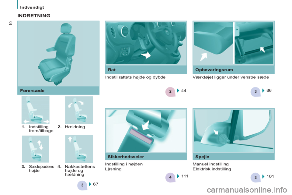 CITROEN BERLINGO MULTISPACE 2013  InstruktionsbØger (in Danish) 2
34
3
3
10
   
 
Indvendigt  
 
   
Rat   
Opbevaringsrum 
   
 
1. 
 Indstilling 
frem/tilbage    
2. 
 Hældning 
 
 
3. 
 Sædepudens 
højde    
4. 
 Nakkestøttens 
højde og 
hældning      
F