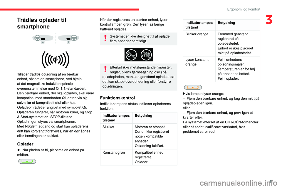 CITROEN BERLINGO VAN 2021  InstruktionsbØger (in Danish) 47
Ergonomi og komfort
3Trådløs oplader til 
smartphone
 
 
 
 
Tillader trådløs opladning af en bærbar 
enhed, såsom en smartphone, ved hjælp 
af det magnetiske induktionsprincip i 
overensste