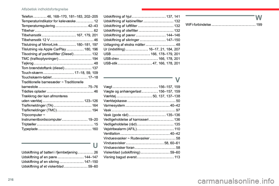 CITROEN C3 AIRCROSS 2021 InstruktionsbØger (in Danish) 216
Alfabetisk indholdsfortegnelse
Telefon 46, 168–170, 181–183, 202–205Temperaturindikator for kølevæske 12Temperaturregulering 42–43Tilbehør 62Tilbehørsstik 167, 179, 201Tilbeh CITROEN C3 AIRCROSS 2021 InstruktionsbØger (in Danish) 216
Alfabetisk indholdsfortegnelse
Telefon 46, 168–170, 181–183, 202–205Temperaturindikator for kølevæske 12Temperaturregulering 42–43Tilbehør 62Tilbehørsstik 167, 179, 201Tilbeh