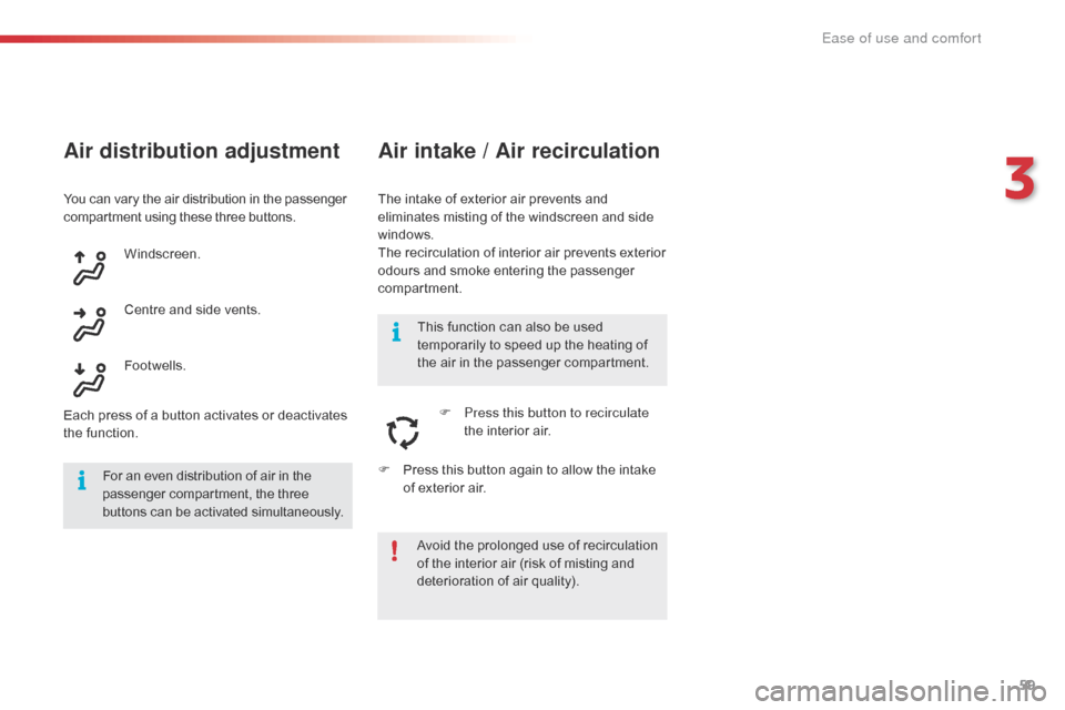 Citroen C4 CACTUS RHD 2015 1.G Owners Manual 59
Air distribution adjustment
The intake of exterior air prevents and eliminates m isting o f t he w indscreen a nd s ide wi
ndows.
The
r
ecirculation
o
f
i
nterior
a
ir
Citroen C4 CACTUS RHD 2015 1.G Owners Manual 59
Air distribution adjustment
The intake of exterior air prevents and eliminates m isting o f t he w indscreen a nd s ide wi
ndows.
The
r
ecirculation
o
f
i
nterior
a
ir