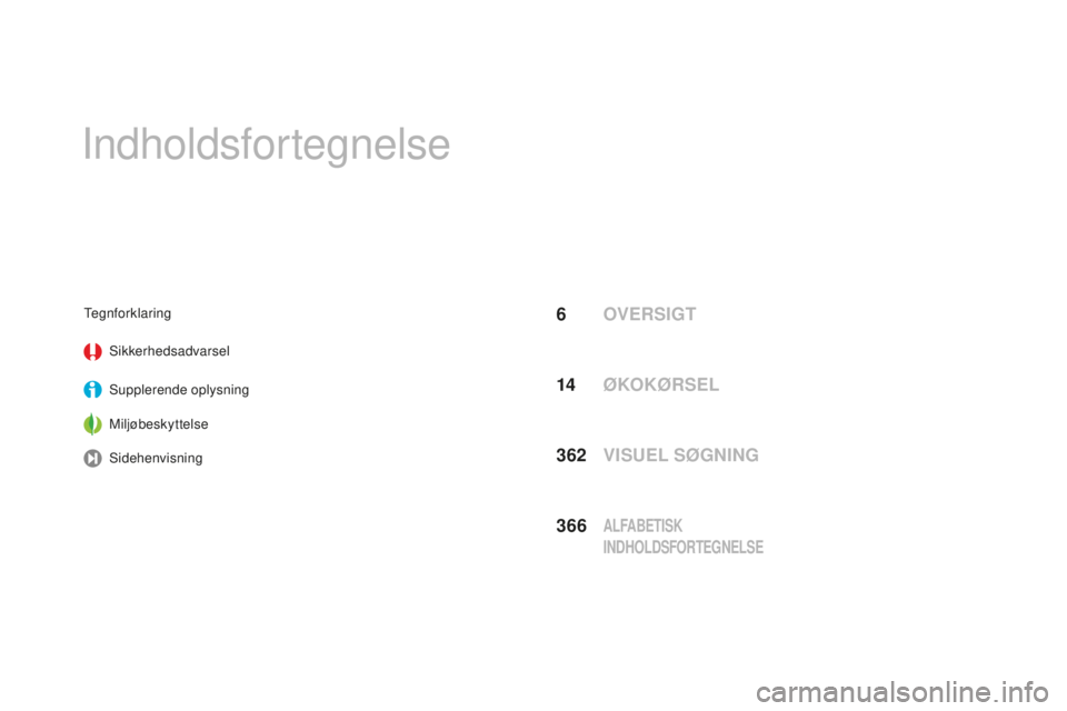 CITROEN DS3 2017  InstruktionsbØger (in Danish) DS3_da_Chap00a_sommaire_ed02-2015
Indholdsfortegnelse
6 OVERSIGTTegnforklaringSikkerhedsadvarsel
Supplerende oplysning
Miljøbeskyttelse
Sidehenvisning
362 VISUEL SØGNING
14
 ØkOkØRS
 EL
366  ALFAB