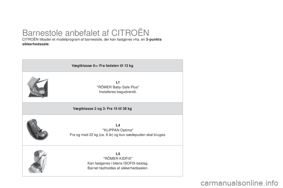 CITROEN DS3 2015  InstruktionsbØger (in Danish) DS3_da_Chap09_securite-enfants_ed01-2014
barnestole anbefalet af CItroËnCItroËn tilbyder et modelprogram af barnestole, der kan fastgøres vha. en 3-punkts 
sikkerhedssele .
Vægtklasse 0+: Fra fød