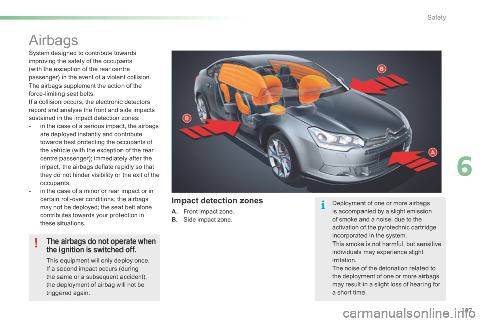 Citroen C5 RHD 2015 (RD/TD) / 2.G Owners Manual 157
Airbags
System designed to contribute towards
improving the safety of the occupants
(with the exception of the rear centre
passenger) in the event of a violent collision.
The airbags suppleme Citroen C5 RHD 2015 (RD/TD) / 2.G Owners Manual 157
Airbags
System designed to contribute towards
improving the safety of the occupants
(with the exception of the rear centre
passenger) in the event of a violent collision.
The airbags suppleme