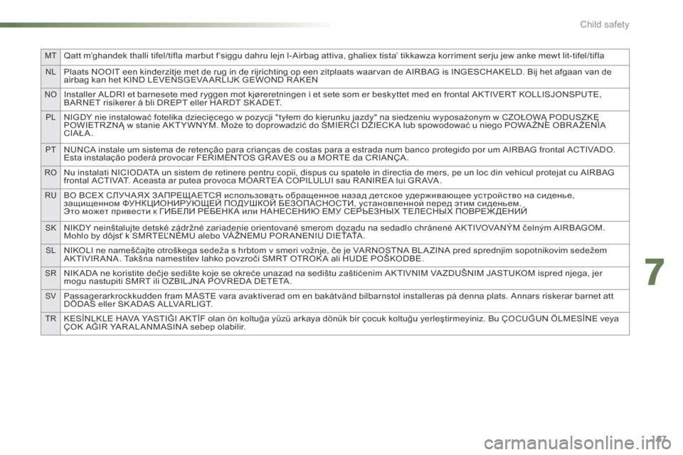 Citroen C5 RHD 2015 (RD/TD) / 2.G Owners Manual MTQatt m’ghandek thalli tifel/tifla marbut f’siggu dahru lejn l-Airbag attiva, ghaliex tista’ tikkawza korriment serju jew anke mewt lit-tifel/tifla
nLPlaats NOOIT een kinderzitje met de rug in Citroen C5 RHD 2015 (RD/TD) / 2.G Owners Manual MTQatt m’ghandek thalli tifel/tifla marbut f’siggu dahru lejn l-Airbag attiva, ghaliex tista’ tikkawza korriment serju jew anke mewt lit-tifel/tifla
nLPlaats NOOIT een kinderzitje met de rug in