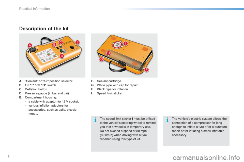 Citroen C5 RHD 2015 (RD/TD) / 2.G Owners Manual Practical information
2
   
Description of the kit 
 
 
 
A. 
  "Sealant" or "Air" position selector. 
   
B. 
 On  "I" 
 / off  "O" 
 switch. 
   
C. 
 Deflation button. 
   
D. 
  Pressure gauge (in