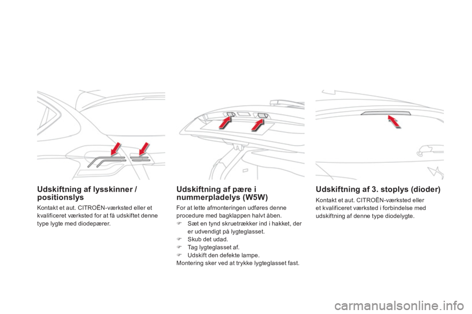 CITROEN DS4 2013  InstruktionsbØger (in Danish) Udskiftning af lysskinner / 
positionslysUdskiftning af pære i
nummerpladelys (W5W)      
 
Udskiftning af 3. stoplys (dioder) 
 
Kontakt et aut. CITROËN-værksted eller et kvalificeret værksted i 