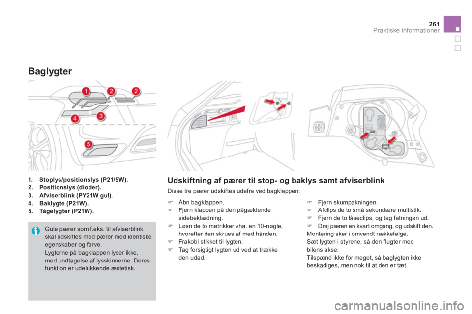 CITROEN DS4 2011  InstruktionsbØger (in Danish) 261Praktiske informationer
1.Stoplys/positionslys (P21/5W).2.Positionslys (dioder).3.Afviserblink (PY21W gul).4.Baklygte (P21W).5.    Tågelygter (P21W).
Baglygter 
 Gule pærer som f.eks. til afviser