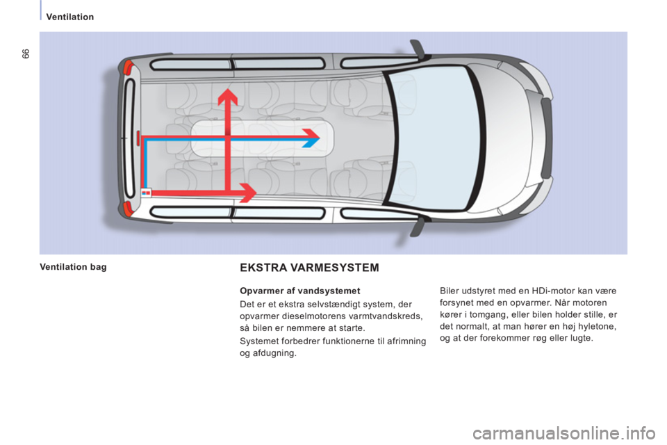 CITROEN JUMPER MULTISPACE 2014  InstruktionsbØger (in Danish) 66
   
 Ventilation 
EKSTRA VARMESYSTEM  
 
Biler udstyret med en HDi-motor kan være 
forsynet med en opvarmer. Når motoren 
kører i tomgang, eller bilen holder stille, er 
det normalt, at man hør