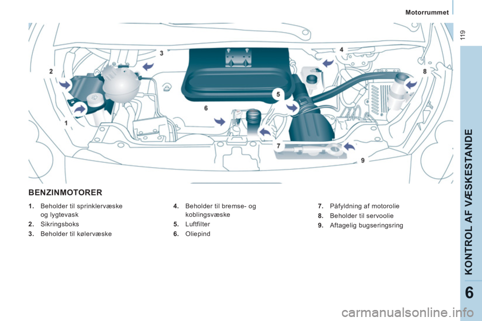 CITROEN JUMPER MULTISPACE 2013  InstruktionsbØger (in Danish)  11 9
   
 
Motorrummet  
 
KONTROL AF VÆ
SKE
STANDE
6
BENZINMOTORER
 
 
4.   Beholder til bremse- og 
koblingsvæske 
   
5.  Luftfilter 
   
6.  Oliepind     
 
1.   Beholder til sprinklervæske 
o