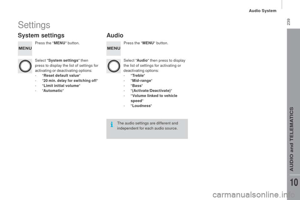 Citroen JUMPER RHD 2015.5 2.G Owners Manual  239Settings
System settingsAudio
Press the "MEnu" b utton. Press the "MEnu" b utton.
Select " System settings " then 
press to display the list of settings for 
activating or deactivating options:
-

