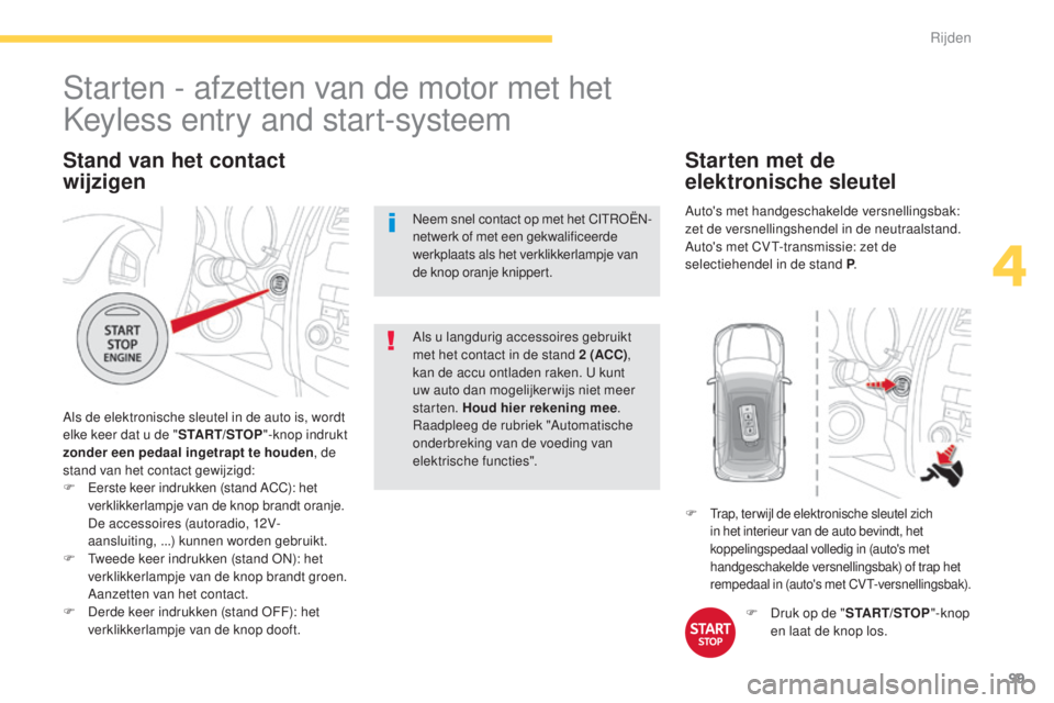 CITROEN C4 AIRCROSS 2016 Instructieboekjes (in Dutch) 99
C4-Aircross_nl_Chap04_conduite_ed01-2014
Stand van het contact
wijzigen
Als de elektronische sleutel in de auto is, wordt
elke keer dat u de "START/STOP"-knop indrukt
zonder een pedaal i CITROEN C4 AIRCROSS 2016 Instructieboekjes (in Dutch) 99
C4-Aircross_nl_Chap04_conduite_ed01-2014
Stand van het contact
wijzigen
Als de elektronische sleutel in de auto is, wordt
elke keer dat u de "START/STOP"-knop indrukt
zonder een pedaal i