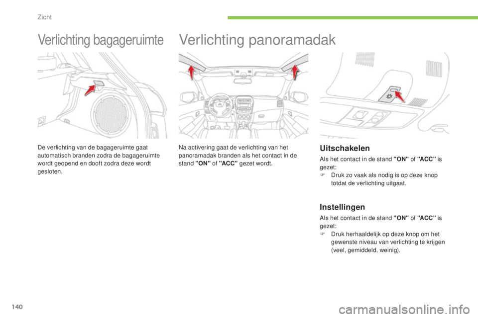 CITROEN C4 AIRCROSS 2016  Instructieboekjes (in Dutch) 140
C4-Aircross_nl_Chap05_visibilite_ed01-2014
Verlichting bagageruimte
De verlichting van de bagageruimte gaat 
automatisch branden zodra de bagageruimte 
wordt geopend en dooft zodra deze wordt 
ges