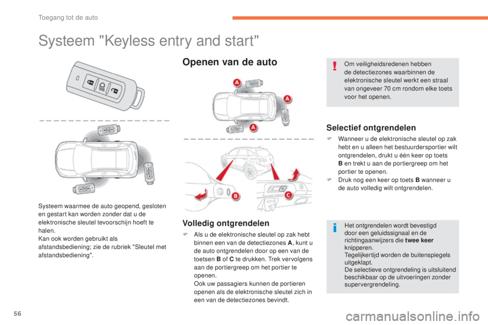 CITROEN C4 AIRCROSS 2016  Instructieboekjes (in Dutch) 56
C4-Aircross_nl_Chap02_ouvertures_ed01-2014
systeem "keyless entry and start"
Selectief ontgrendelen
F Wanneer u de elektronische sleutel op zak 
hebt en u alleen het bestuurdersportier wilt