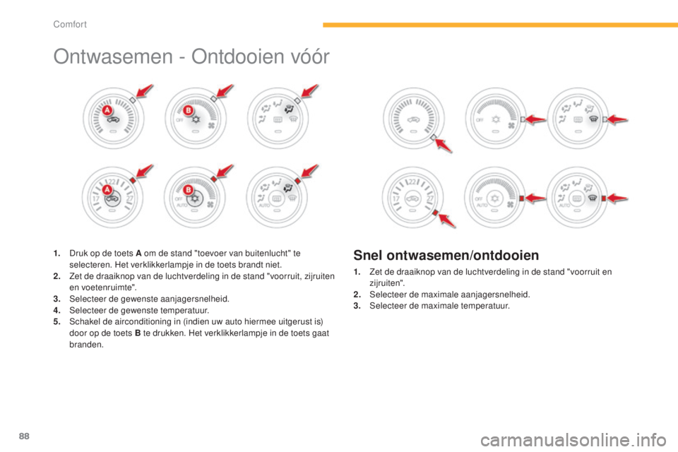 CITROEN C4 AIRCROSS 2016  Instructieboekjes (in Dutch) 88
C4-Aircross_nl_Chap03_confort_ed01-2014
ontwasemen - on tdooien vóór
1. Druk op de toets A om de stand "toevoer van buitenlucht" te 
selecteren. Het verklikkerlampje in de toets brandt ni