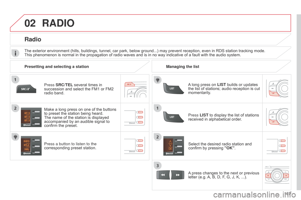 Citroen C ZERO 2015 1.G Owners Manual 02
137
C-Zero_en_Chap11b_RDE2_ed01-2014
Press SRC/TEL several times in
succession and select the FM1 or FM2
radio band.
Press a button to listen to the
corresponding preset station.Select the desir Citroen C ZERO 2015 1.G Owners Manual 02
137
C-Zero_en_Chap11b_RDE2_ed01-2014
Press SRC/TEL several times in
succession and select the FM1 or FM2
radio band.
Press a button to listen to the
corresponding preset station.Select the desir