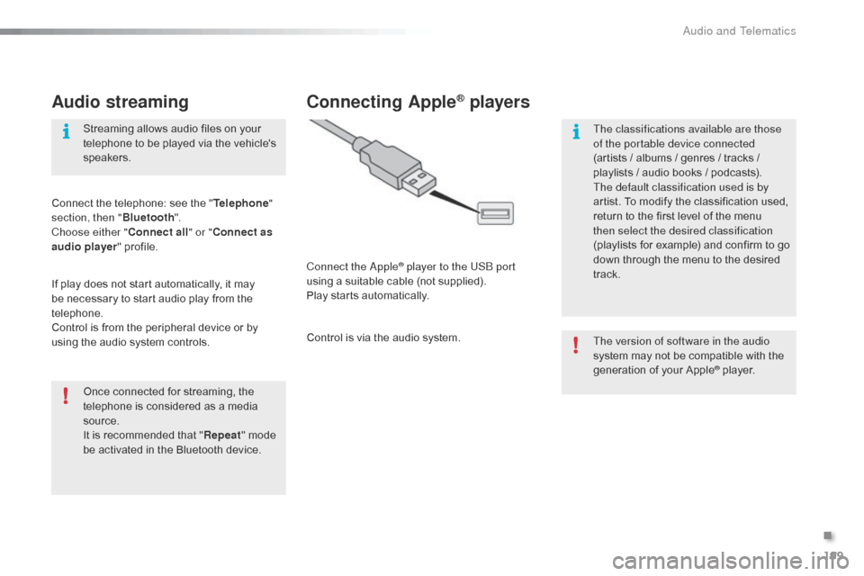 Citroen C1 2015 1.G Owners Manual 199
C1_en_Chap12a_Autoradio_Toyota_tactile-1_ed01-2015
Audio streaming
Once connected for streaming, the
telephone is considered as a media
source.
It is recommended that "Repeat" mode
be activated Citroen C1 2015 1.G Owners Manual 199
C1_en_Chap12a_Autoradio_Toyota_tactile-1_ed01-2015
Audio streaming
Once connected for streaming, the
telephone is considered as a media
source.
It is recommended that "Repeat" mode
be activated