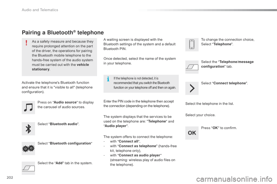 Citroen C1 2015 1.G Owners Manual 202
C1_en_Chap12a_Autoradio_Toyota_tactile-1_ed01-2015
Press on "Audio source " to display
the carousel of audio sources.
Select " Bluetooth audio ".
Select " Bluetooth configuration "
Activate the Citroen C1 2015 1.G Owners Manual 202
C1_en_Chap12a_Autoradio_Toyota_tactile-1_ed01-2015
Press on "Audio source " to display
the carousel of audio sources.
Select " Bluetooth audio ".
Select " Bluetooth configuration "
Activate the