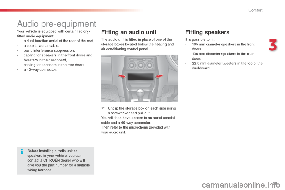 Citroen C3 RHD 2015 2.G Owners Manual 59
audio pre-equipment
Your vehicle is equipped with certain factory-
fitted audio equipment:
-
a d
ual-function aerial at the rear of the roof,
-
a c
oaxial aerial cable,
-
b
asic interference Citroen C3 RHD 2015 2.G Owners Manual 59
audio pre-equipment
Your vehicle is equipped with certain factory-
fitted audio equipment:
-
a d
ual-function aerial at the rear of the roof,
-
a c
oaxial aerial cable,
-
b
asic interference