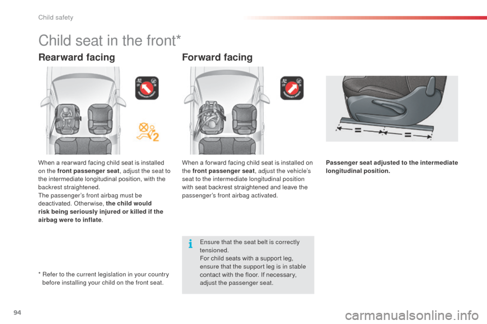 Citroen C3 RHD 2015 2.G Owners Manual 94
Forward facing
When a for ward facing child seat is installed on 
the front passenger seat, adjust the vehicle’s 
seat to the intermediate longitudinal position 
with seat backrest straightened a