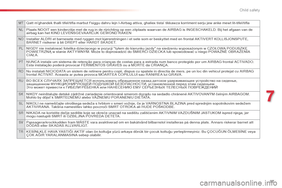 Citroen C3 RHD 2015 2.G Owners Manual MTQatt m’ghandek thalli tifel/tifla marbut f’siggu dahru lejn l-Airbag attiva, ghaliex tista’ tikkawza korriment serju jew anke mewt lit-tifel/tifla
nLPlaats NOOIT een kinderzitje met de rug in Citroen C3 RHD 2015 2.G Owners Manual MTQatt m’ghandek thalli tifel/tifla marbut f’siggu dahru lejn l-Airbag attiva, ghaliex tista’ tikkawza korriment serju jew anke mewt lit-tifel/tifla
nLPlaats NOOIT een kinderzitje met de rug in