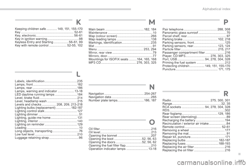 Citroen C4 AIRCROSS 2015 1.G Owners Manual 337
C4-Aircross_en_Chap11_index-alpha_ed01-2014
Keeping children safe ............ 149, 151, 155 -170key .......
..................................................... 52- 61
ke

y, electronic
 .......