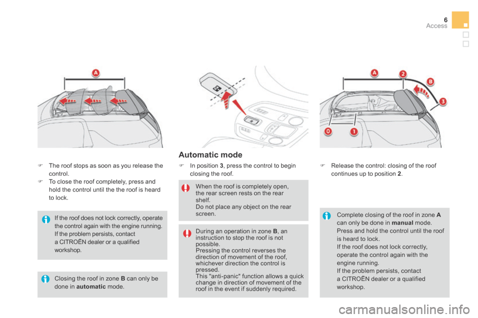 Citroen DS3 2015 1.G Owners Manual 6Access
  Automatic  mode 
   In position  3 , press the control to begin closing the roof. 
  When the roof is completely open, the rear screen rests on the rear shelf.  Do not place any object on