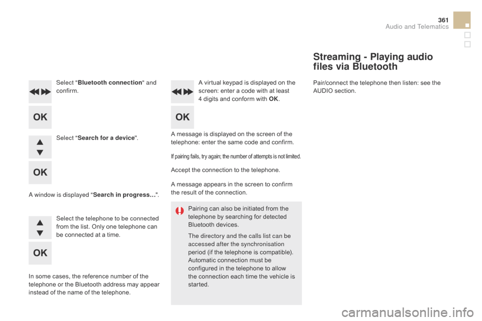 Citroen DS5 2015 1.G Owners Manual 361
DS5_en_Chap11d_RD5_ed01-2015
Pairing can also be initiated from the
telephone by searching for detected
Bluetooth devices.
The directory and the calls list can be
accessed after the synchronisa Citroen DS5 2015 1.G Owners Manual 361
DS5_en_Chap11d_RD5_ed01-2015
Pairing can also be initiated from the
telephone by searching for detected
Bluetooth devices.
The directory and the calls list can be
accessed after the synchronisa