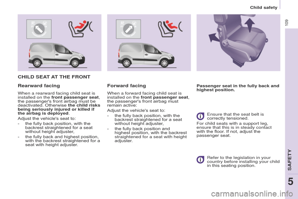 Citroen BERLINGO 2016 2.G Owners Manual 109
Berlingo-2-VU_en_Chap05_Securite_ed01-2016Berlingo-2-VU_en_Chap05_Securite_ed01-2016
CHILD SEAT AT THE FRONT
Passenger seat in the fully back and
highest position.Rearward facing
When a rearw Citroen BERLINGO 2016 2.G Owners Manual 109
Berlingo-2-VU_en_Chap05_Securite_ed01-2016Berlingo-2-VU_en_Chap05_Securite_ed01-2016
CHILD SEAT AT THE FRONT
Passenger seat in the fully back and
highest position.Rearward facing
When a rearw