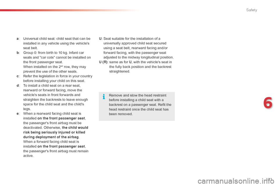 Citroen C1 RHD 2016 1.G Owners Manual 131
a: Universal child seat: child seat that can be i
nstalled in any vehicle using the vehicles
s
eat belt.
b :
G
roup 0: from birth t Citroen C1 RHD 2016 1.G Owners Manual 131
a: Universal child seat: child seat that can be i
nstalled in any vehicle using the vehicles
s
eat belt.
b :
G
roup 0: from birth t
