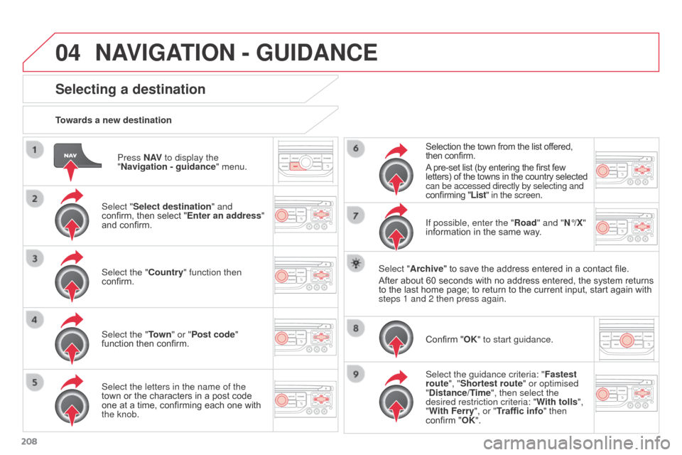 Citroen C3 PICASSO 2016 1.G Owners Manual 04
208
C3Picasso_en_Chap13a_RT6-2-8_ed01-2015
Press N AV to display the
"Navigation - guidance " menu.
Towards a new destination
Selecting a destination
Select "Select destination" and
confirm, then Citroen C3 PICASSO 2016 1.G Owners Manual 04
208
C3Picasso_en_Chap13a_RT6-2-8_ed01-2015
Press N AV to display the
"Navigation - guidance " menu.
Towards a new destination
Selecting a destination
Select "Select destination" and
confirm, then