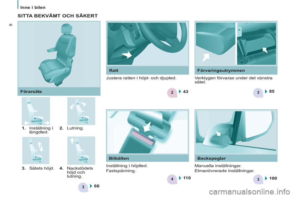 CITROEN BERLINGO MULTISPACE 2014  InstruktionsbÖcker (in Swedish) 2
34
3
36643
85
11 0 100
8
   Inne  i  bilen   
Berlingo-2-VP-papier_sv_Chap01_Prise en Main_ed01-2014
  Ratt    Förvaringsutrymmen 
   1.   Inställning  i  längdled.    2.   Lutning. 
  3.   Säte