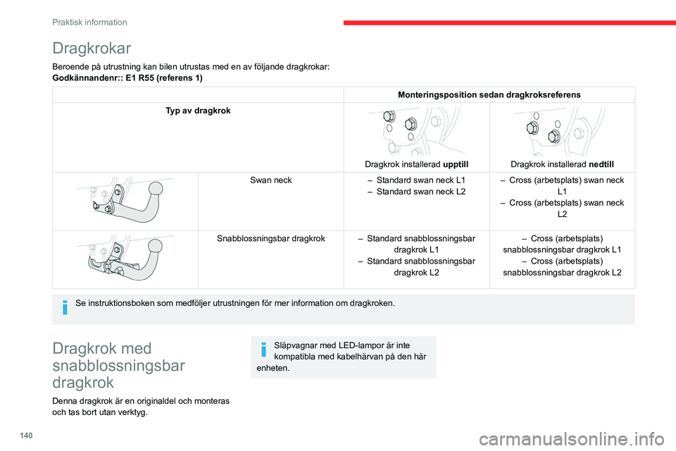 CITROEN BERLINGO VAN 2021 InstruktionsbÖcker (in Swedish) 140
Praktisk information
Dragkrokar
Beroende på utrustning kan bilen utrustas med en av följande dragk\
rokar:
Godkännandenr:: E1 R55 (referens 1)
Monteringsposition sedan dragkroksreferens
Typ av CITROEN BERLINGO VAN 2021 InstruktionsbÖcker (in Swedish) 140
Praktisk information
Dragkrokar
Beroende på utrustning kan bilen utrustas med en av följande dragk\
rokar:
Godkännandenr:: E1 R55 (referens 1)
Monteringsposition sedan dragkroksreferens
Typ av