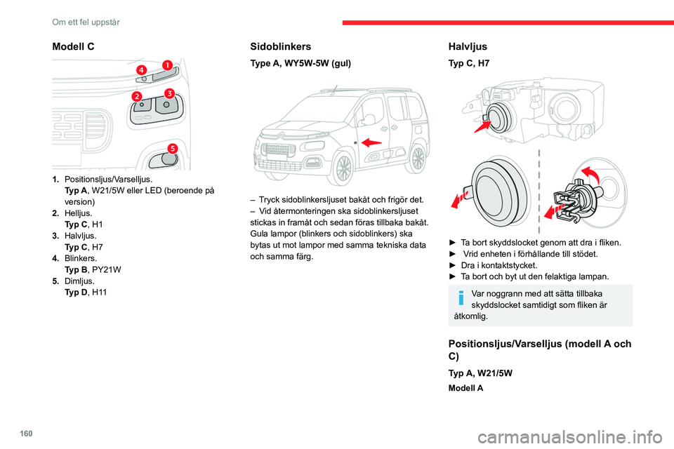 CITROEN BERLINGO VAN 2021  InstruktionsbÖcker (in Swedish) 160
Om ett fel uppstår
Modell C 
 
1.Positionsljus/Varselljus.
Typ
  A, W21/5W eller LED (beroende på 
version)
2. Helljus.
Typ C, H1
3. Halvljus.
Typ C, H7
4. Blinkers.
Typ B, PY21W
5. Dimljus.
Typ