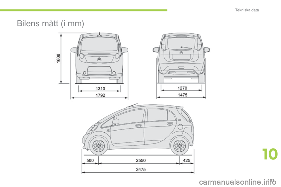 CITROEN C-ZERO 2016  InstruktionsbÖcker (in Swedish) 131
C-zero_sv_Chap10_caracteristiques-techniques_ed01-2014
Bilens mått (i mm)
10 
T  