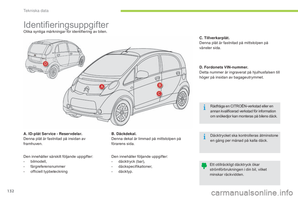 CITROEN C-ZERO 2016  InstruktionsbÖcker (in Swedish) 132
C-zero_sv_Chap10_caracteristiques-techniques_ed01-2014
IdentifieringsuppgifterOlika synliga märkningar för identifiering av bilen.
A. ID-plåt Ser vice - Reser vdelar.
Denna plåt är fastnitad 