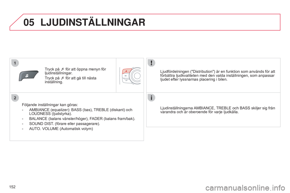 CITROEN C-ZERO 2016  InstruktionsbÖcker (in Swedish) 05
152
C-zero_sv_Chap11b_RDE2_ed01-2014
Tryck på ¯ för att öppna menyn för 
ljudinställningar.
Tryck på ¯ för att gå till nästa 
inställning.
Följande inställningar kan göras:
-
 
AMBIA