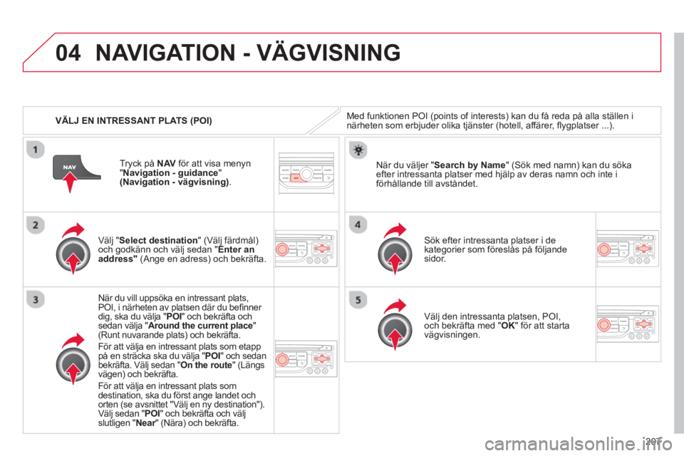 CITROEN C3 2014 InstruktionsbÖcker (in Swedish) 04
207
VÄLJ EN INTRESSANT PLATS (POI)
NAVIGATION - VÄGVISNING
Med funktionen POI (points of interests) kan du få reda på alla ställen inärheten som erbjuder olika tjänster (hotell, affäre CITROEN C3 2014 InstruktionsbÖcker (in Swedish) 04
207
VÄLJ EN INTRESSANT PLATS (POI)
NAVIGATION - VÄGVISNING
Med funktionen POI (points of interests) kan du få reda på alla ställen inärheten som erbjuder olika tjänster (hotell, affäre