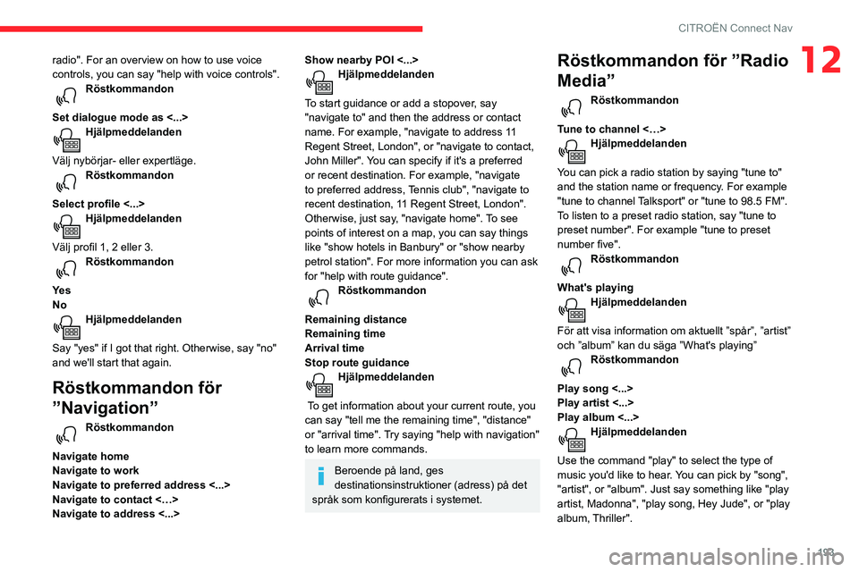 CITROEN C3 AIRCROSS 2021 InstruktionsbÖcker (in Swedish) 193
CITROËN Connect Nav
12radio". For an overview on how to use voice
controls, you can say "help with voice controls".
Röstkommandon
Set dialogue mode as <...>
Hjälpmeddelanden
V CITROEN C3 AIRCROSS 2021 InstruktionsbÖcker (in Swedish) 193
CITROËN Connect Nav
12radio". For an overview on how to use voice
controls, you can say "help with voice controls".
Röstkommandon
Set dialogue mode as <...>
Hjälpmeddelanden
V