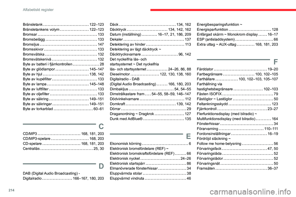 CITROEN C3 AIRCROSS 2021 InstruktionsbÖcker (in Swedish) 214
Alfabetiskt register
Bränsletank 122–123Bränsletankens volym 122–123Bromsar 133Bromsbelägg 133Bromsljus 147Bromsskivor 133Bromsvätska 132Bromsvätskenivå 132Byte av batter CITROEN C3 AIRCROSS 2021 InstruktionsbÖcker (in Swedish) 214
Alfabetiskt register
Bränsletank 122–123Bränsletankens volym 122–123Bromsar 133Bromsbelägg 133Bromsljus 147Bromsskivor 133Bromsvätska 132Bromsvätskenivå 132Byte av batter