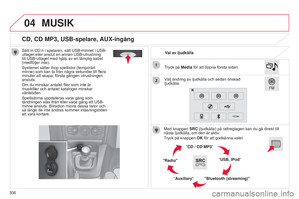 CITROEN C4 2015 InstruktionsbÖcker (in Swedish) 04
306
C4-2_sv_Chap13b_SMEGplus_ed01-2015
C4-2_sv_Chap13b_SMEGplus_ed01-2015
CD, CD MP3, USB-spelare, AUX-ingång
Sätt in CD:n i spelaren, sätt USB-minnet i USB-
uttaget eller anslut en annan USB-ut CITROEN C4 2015 InstruktionsbÖcker (in Swedish) 04
306
C4-2_sv_Chap13b_SMEGplus_ed01-2015
C4-2_sv_Chap13b_SMEGplus_ed01-2015
CD, CD MP3, USB-spelare, AUX-ingång
Sätt in CD:n i spelaren, sätt USB-minnet i USB-
uttaget eller anslut en annan USB-ut